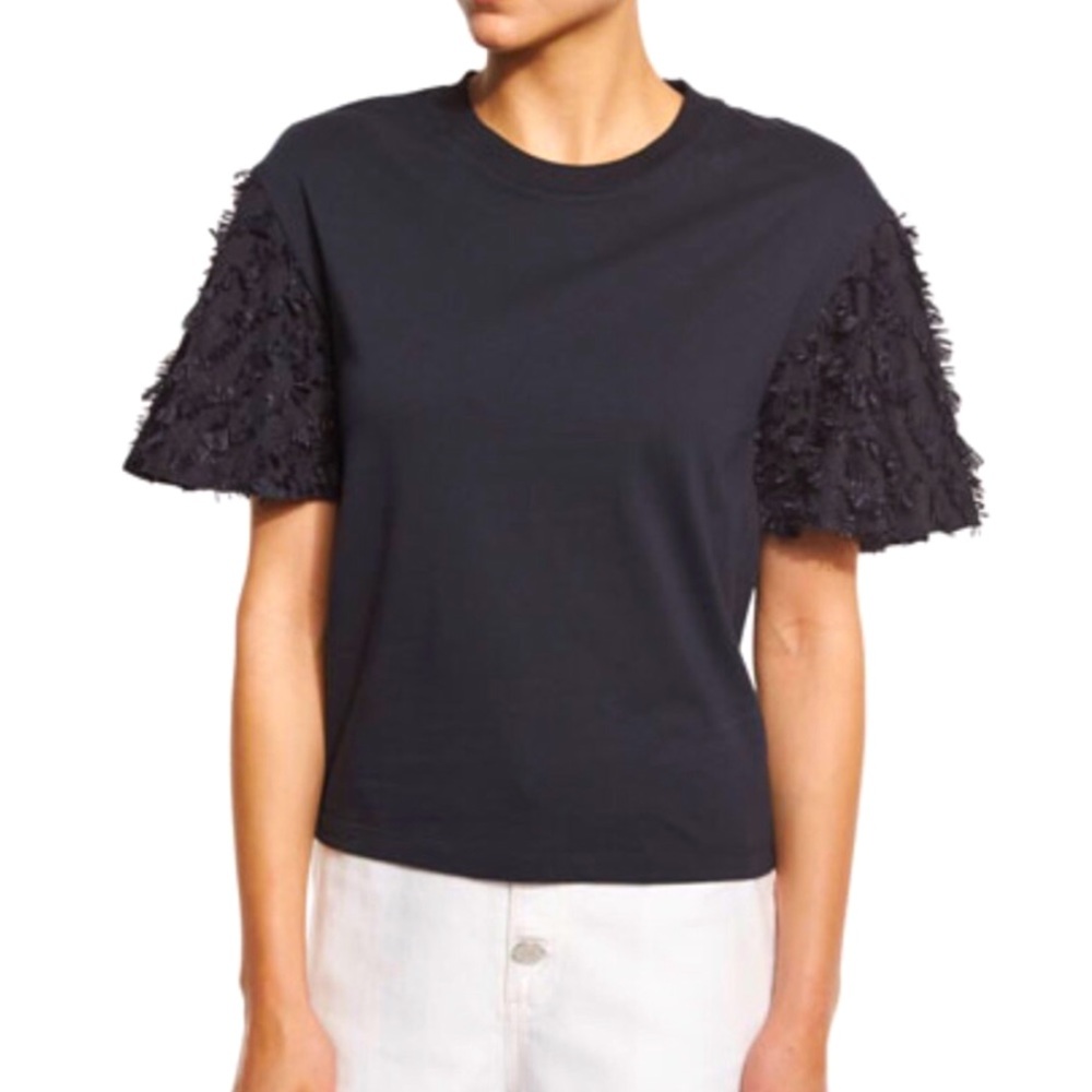See by Chloe Black Jersey Tee/Embellished Sleeves